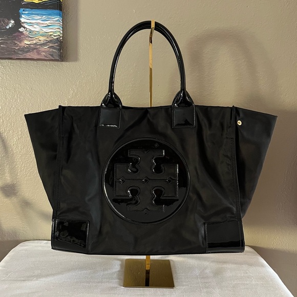 Tory Burch Ella Patent Nylon Tote Large In Black - Picture 9 of 17
